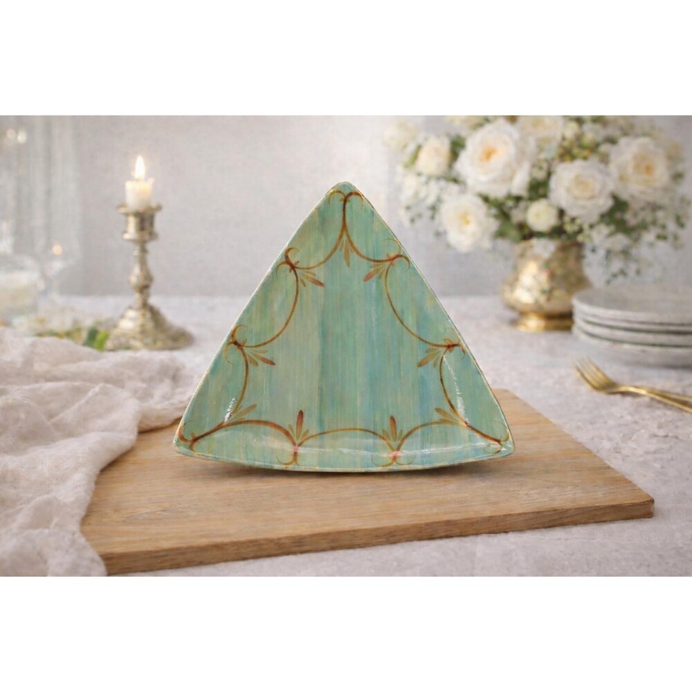 Gail Pittman Pottery Plate – Hand-Painted Aqua Rust Scroll, Triangular Serving A